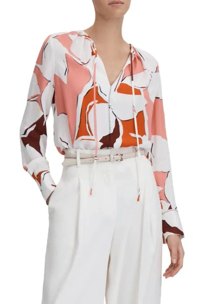 Reiss Tess - Cream/red Printed Tie Neck Blouse, Us 6