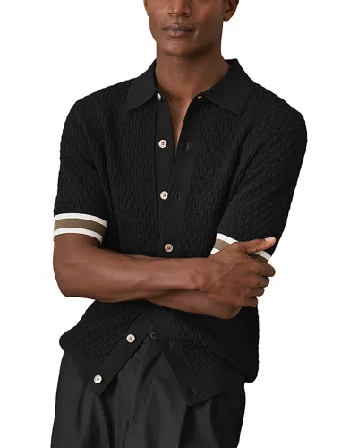 Reiss Textured Knit Contrast Cuff Button Shirt In Black