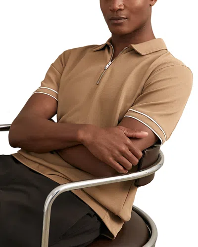 Reiss Textured Zip Polo Shirt In Brown