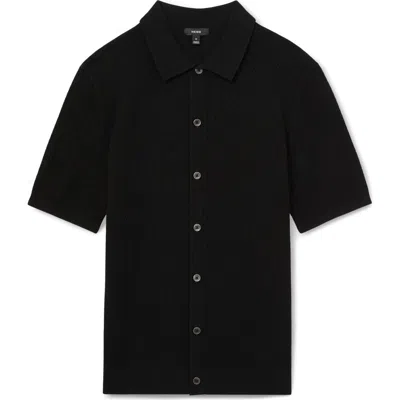 Reiss Thames Pointelle Knit Short Sleeve Button-up Shirt In Black