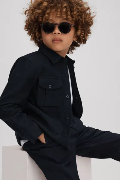 Reiss Thomas - Navy Brushed Cotton Patch Pocket Overshirt, Uk 10-11 Yrs