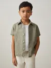 Reiss Thyme Green 3-9 Yrs Short Sleeve Linen Shirt In Green