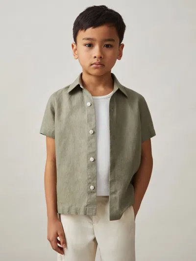 Reiss Babies' Thyme Green 3-9 Yrs Short Sleeve Linen Shirt