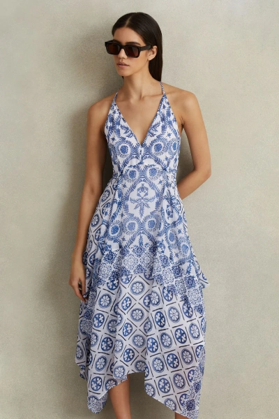 Reiss Blue Tiller Side Pleat Asymmetric Midi Dress In Blueprint