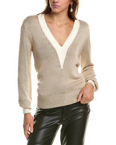 Reiss Tilly Contrast Trim Metallic V-neck Sweater In Gold