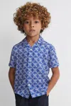 REISS TINTIPAN - BRIGHT BLUE/WHITE PRINTED CUBAN COLLAR SHIRT, UK 11-12 YRS