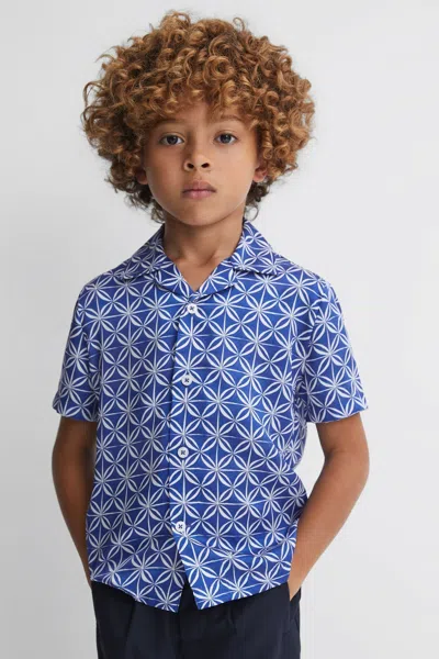 Reiss Tintipan - Bright Blue/white Printed Cuban Collar Shirt, Uk 11-12 Yrs