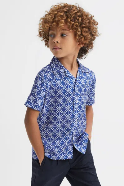Reiss Kids' Tintipan - Bright Blue/white Printed Cuban Collar Shirt, Age 6-7 Years