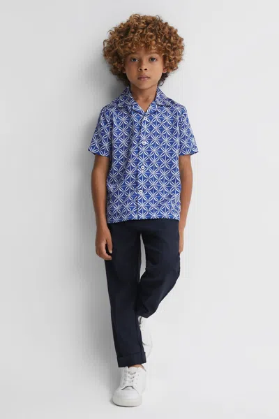 Reiss Kids' Tintipan - Bright Blue/white Printed Cuban Collar Shirt, Uk 13-14 Yrs