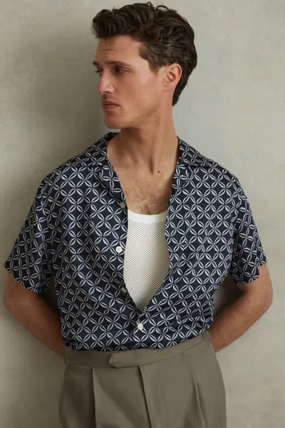 Reiss Tintipan - Navy/white Printed Cuban Collar Shirt, Xs