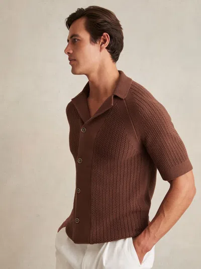 Reiss Tobacco Brown Cotton Textured-knit Cuban-collar Shirt