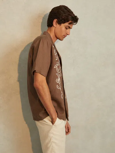 Reiss Tobacco Brown Linen Embroidered Cuban Collar Shirt