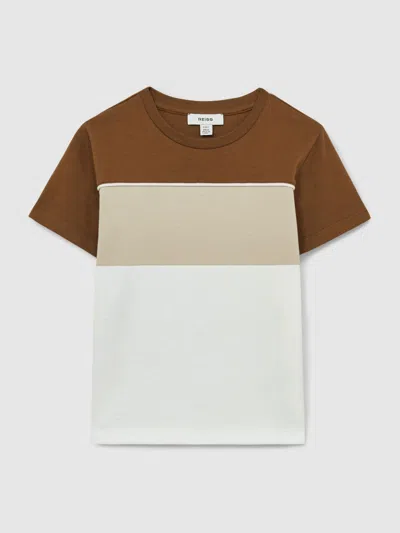 Reiss Tobacco Brown Multi 13-14 Yrs Cotton Colour-block Piped T-shirt