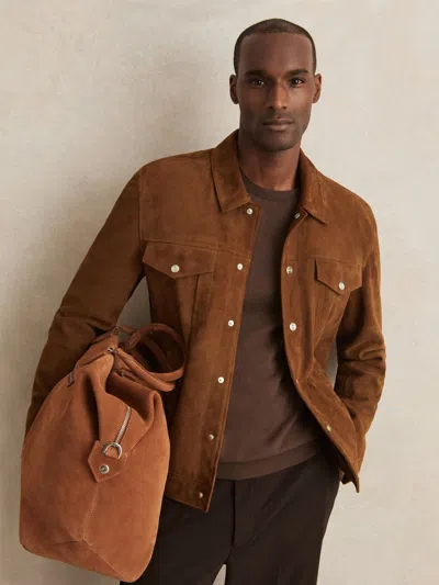 Reiss Tobacco Brown Suede Press Stud Trucker Jacket