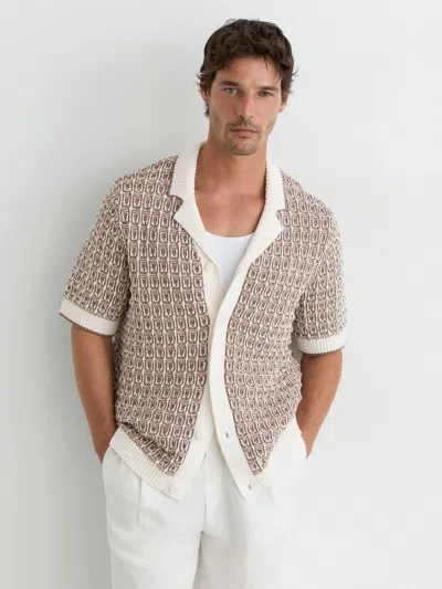 Reiss Penn Button Through Geometric Crochet Short Sleeve Cuban Shirt In Brown