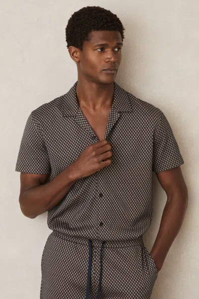 Reiss Mens Tobacco Brown Navy Drakes Geometric-pattern Cotton-blend Shirt Xxl In Tobacco Brown/navy