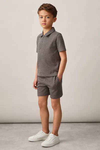 Reiss Tobacco Brown/navy 9-13 Yrs Geometric Jacquard Polo Shirt