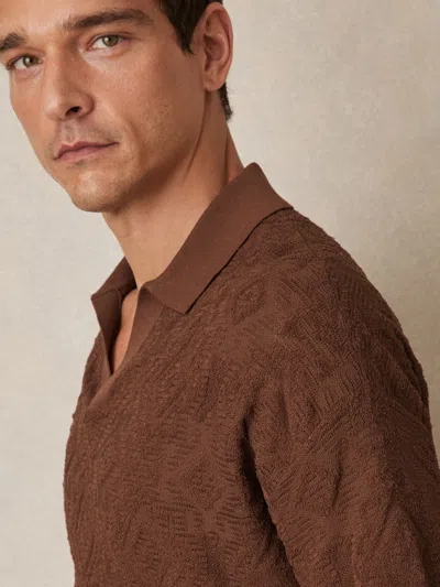 Reiss Tobacco Jacquard Loop-stitch Polo Shirt In Brown