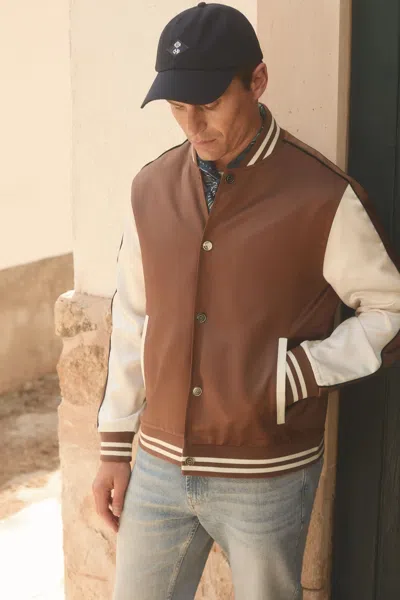 Reiss Tobacco/ecru Almo Ché Satin Effect Embroidered Bomber Jacket