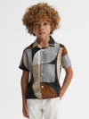 Reiss Tobacco/navy 9-13 Yrs Printed Cuban Collar Shirt