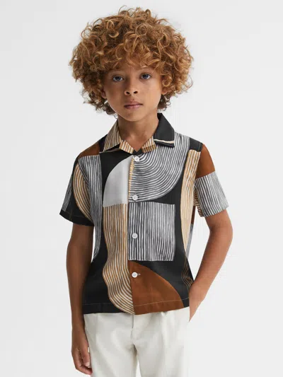 Reiss Tobacco/navy 9-13 Yrs Printed Cuban Collar Shirt