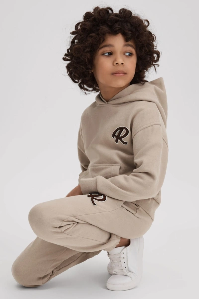 Reiss Kids' Toby - Taupe Cotton Elasticated Waist Motif Joggers, Uk 9-10 Yrs
