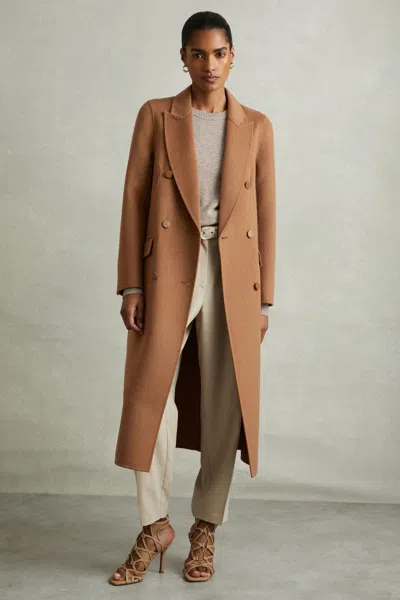 Reiss Toffee Wool Blend Double Breasted Blindseam Coat In Toffee
