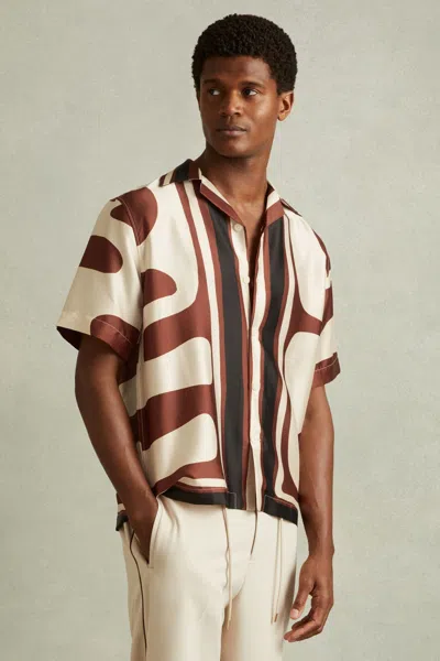 Reiss Rust/navy Tom Relaxed Printed Cuban Collar Shirt