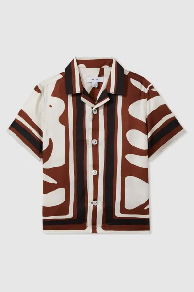 Reiss Kids' Tom - Tobacco Printed Cuban Collar Shirt, In Brown