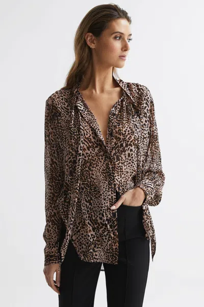 Reiss Brown Tora Animal Print Neck Tie Blouse
