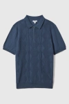 Reiss Tropic - Blue Smoke Cotton Half-zip Polo Shirt, M