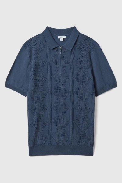 Reiss Tropic - Blue Smoke Cotton Half-zip Polo Shirt, M