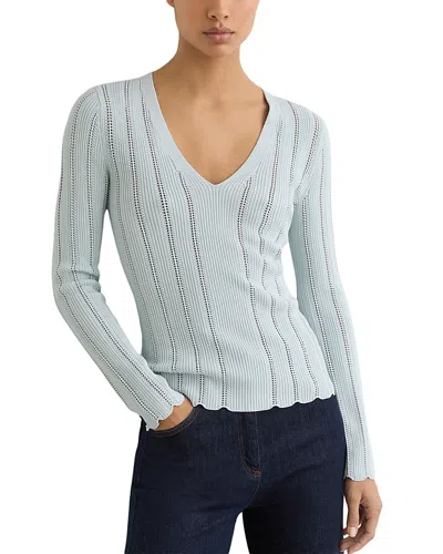 Reiss V Neck Ribbed Pointelle Sweater In Blue