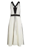 Reiss Womens Ivory Black Valencia Contrast-binding Linen-blend Midi Dress In Multi