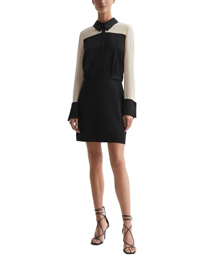 Reiss Veneto Contrast Block-panel Woven Mini Dress In Black