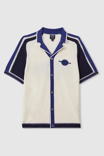 Reiss Vevo Cotton & Nylon Toweling Aperitif Jacquard Regular Fit Button Down Camp Shirt In White/blue