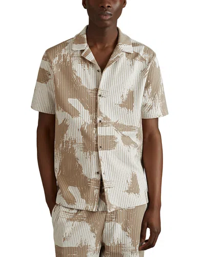 Reiss Sand/white Viceroy Brushstroke Print Cuban Collar Shirt