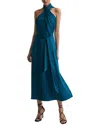 Reiss Teal Vida Satin Halter Neck Fitted Midi Dress In Blue