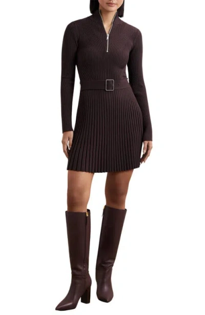 Reiss Vienna Belted Long Sleeve Rib Dress In Brown