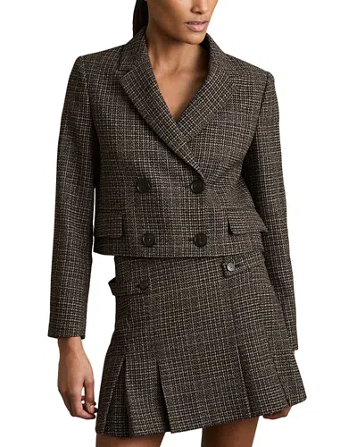 Reiss Vienna Cropped Textured Blazer In Brown Check