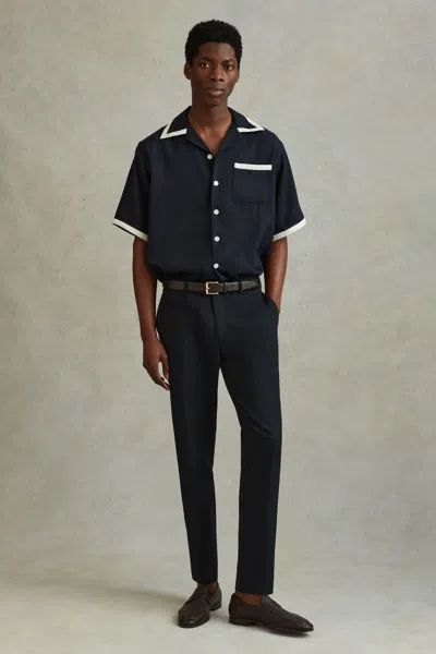 Reiss Vita - Navy/ecru Contrast Trim Cuban Collar Shirt, Xxl