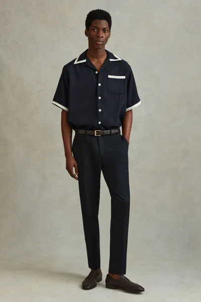 Reiss Navy/ecru Contrast Trim Cuban Collar Shirt In Navy/ecru