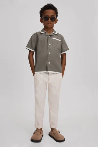 Reiss Vitan - Khaki/white Linen Contrast Cuban Collar Shirt, Age 6-7 Years
