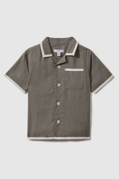 Reiss Kids' Vitan - Khaki/white Linen Contrast Cuban Collar Shirt, Uk 13-14 Yrs