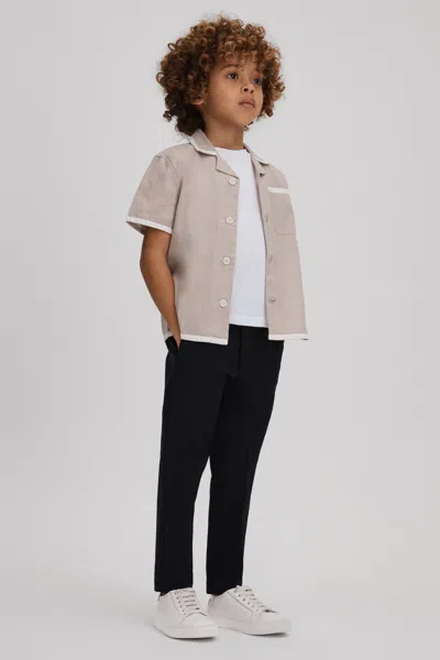 Reiss Vitan - Stone/white Linen Contrast Cuban Collar Shirt, Uk 12-13 Yrs