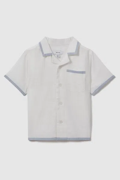 Reiss Vitan - White/soft Blue Linen Contrast Cuban Collar Shirt, Uk 12-13 Yrs