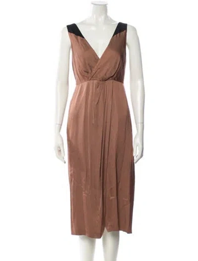 Pre-owned Reiss V-neck Midi Length Dress In Brown
