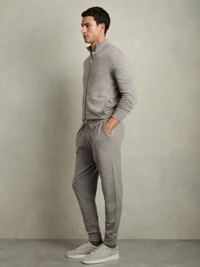 Reiss Warm Grey Melange Merino Wool Funnel-neck Cardigan In Gray