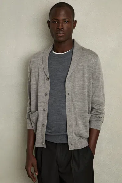 Reiss Warm Grey Melange Merino Wool Shawl-collar Cardigan