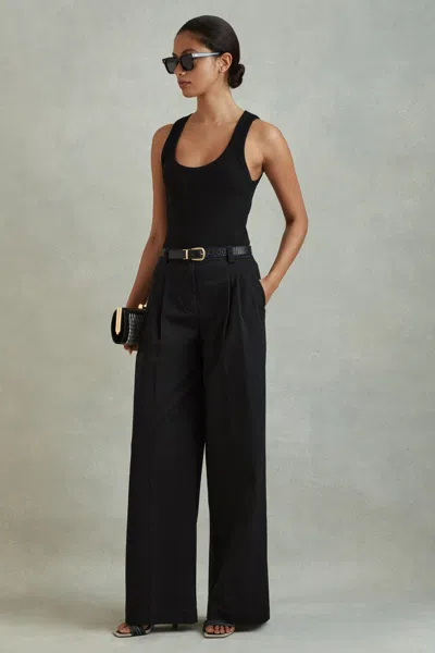 Reiss Washed Black Cotton Blend Wide Leg Trousers